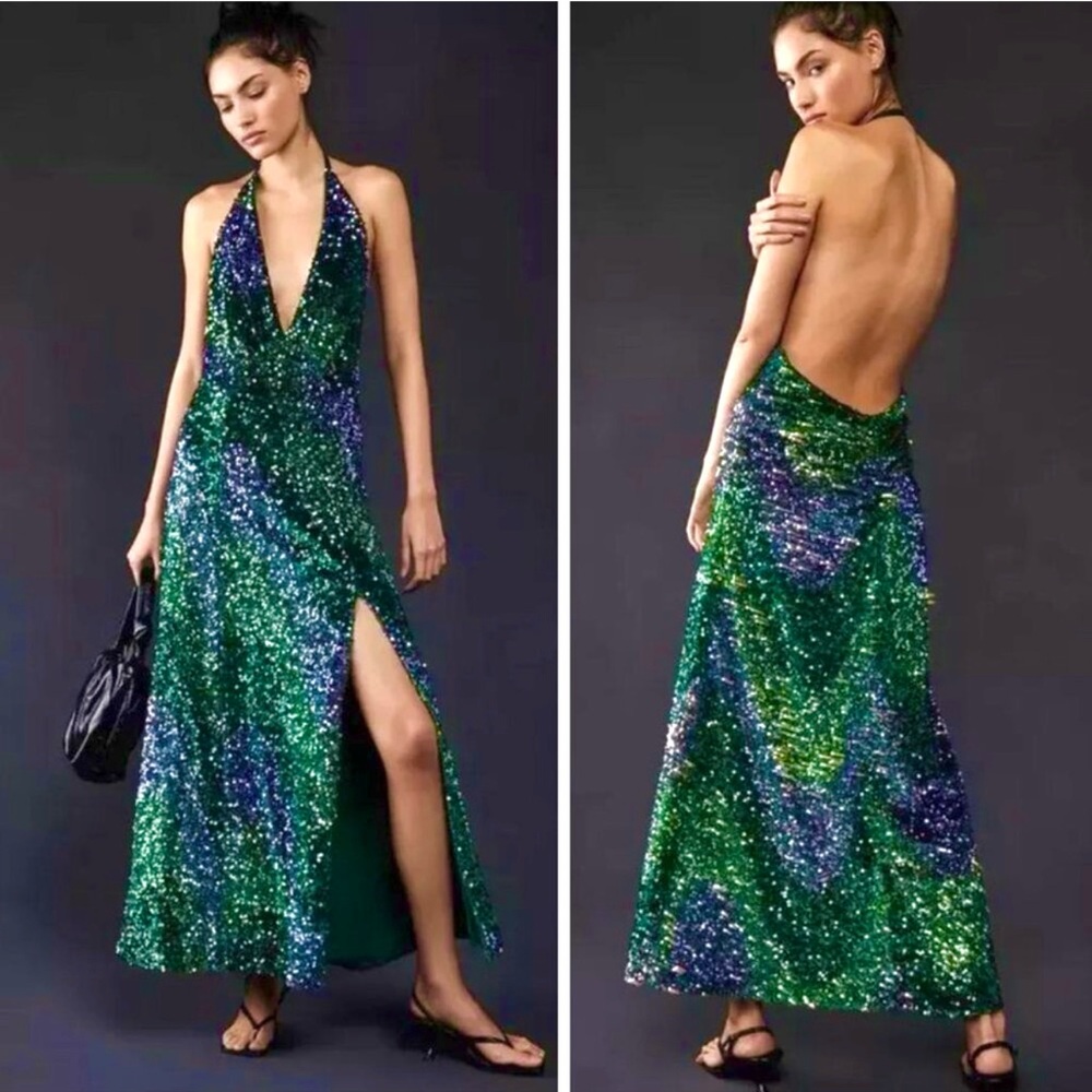 FREE PEOPLE Glitter & Gold Halter Sequin Midi Dress NEW Size S Green - Picture 15 of 15